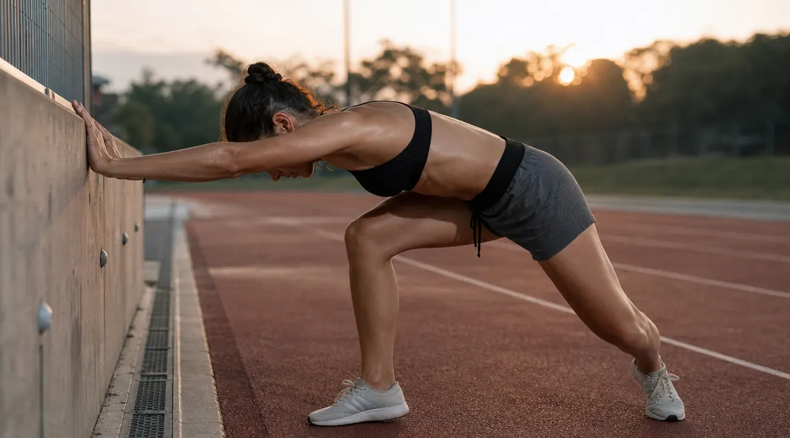 Runner stretching calves on a track at dusk, legs illuminated by low evening light