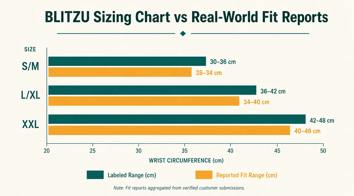 Sizing comparison chart showing BLITZU labeled size ranges versus actual measured calf circumference at fit