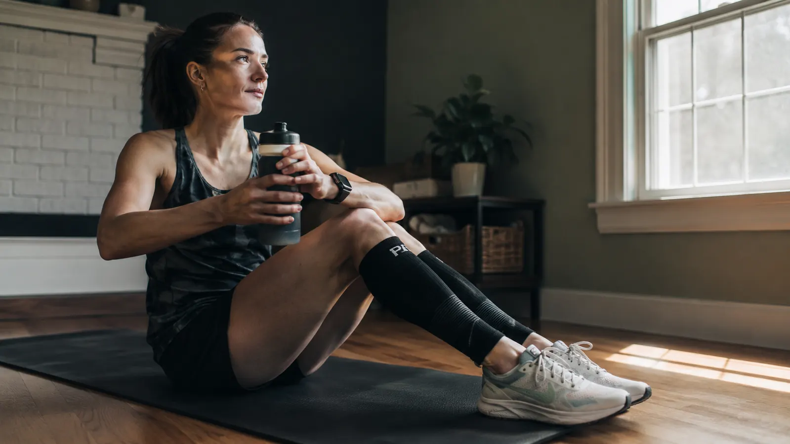 Runner wearing calf compression sleeves sitting post-run with legs elevated on a foam roller