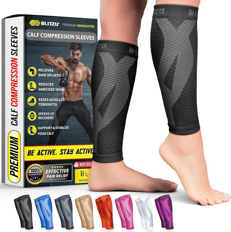 Close-up of BLITZU calf compression sleeve on a leg next to a full compression sock laid flat on a gym floor