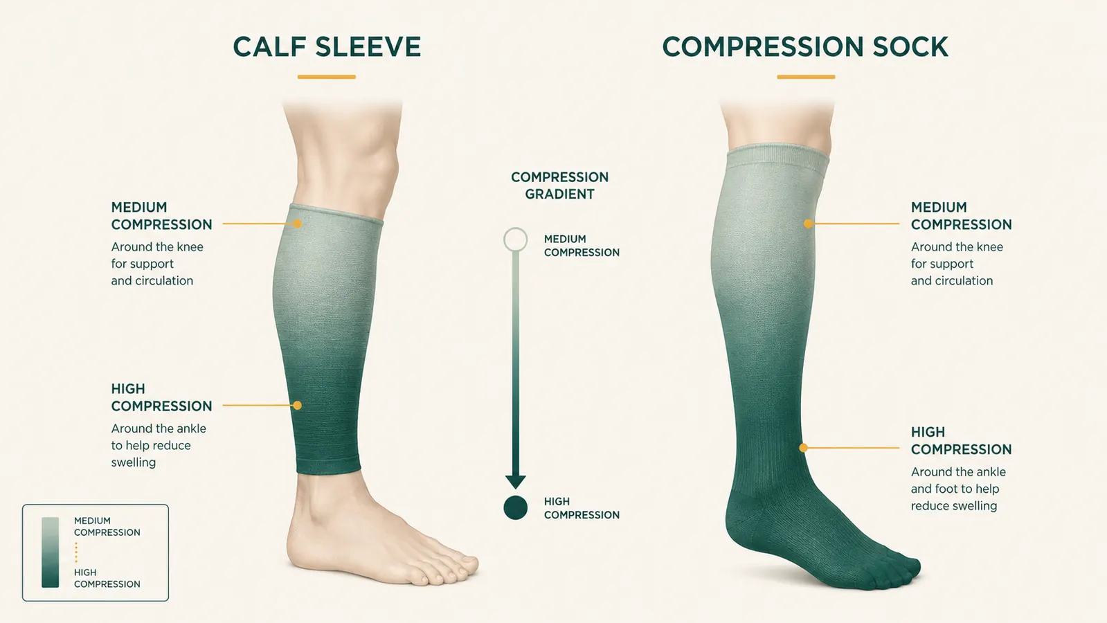 Anatomy diagram showing graduated compression zones on the calf from ankle to knee versus full-sock coverage