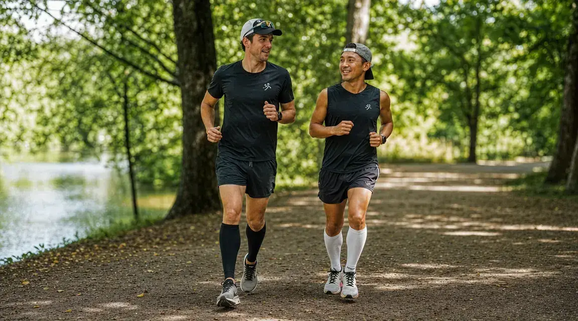 Two runners on a park trail, one wearing calf sleeves and standard running shoes, the other wearing tall compression socks