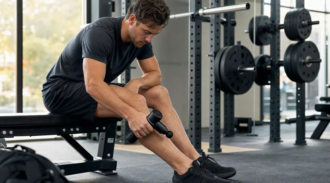 Athlete sitting on a recovery bench pressing a mini massage gun against the back of the calf, eyes closed, relaxed posture
