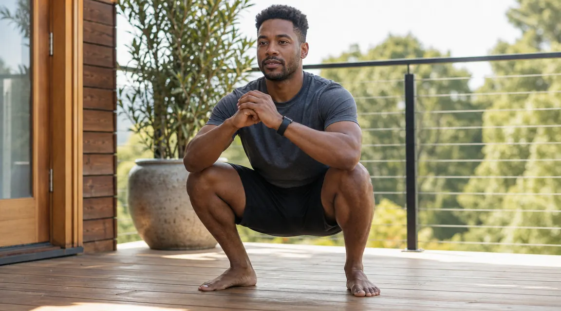 Person doing a body-weight squat outdoors with ease, morning light, recovered and ready to train