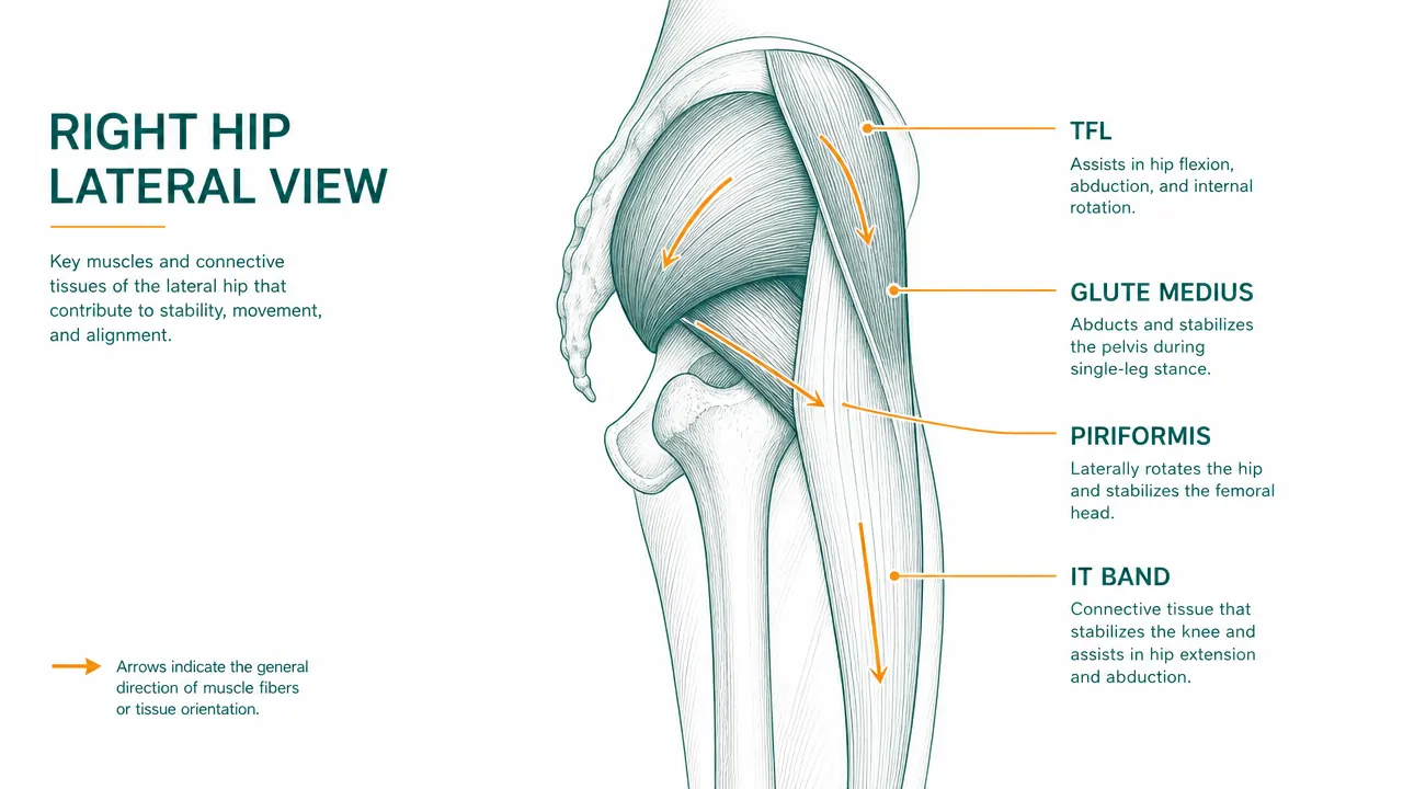 Anatomy diagram showing the TFL, glute medius, piriformis, and IT band on the lateral hip and thigh