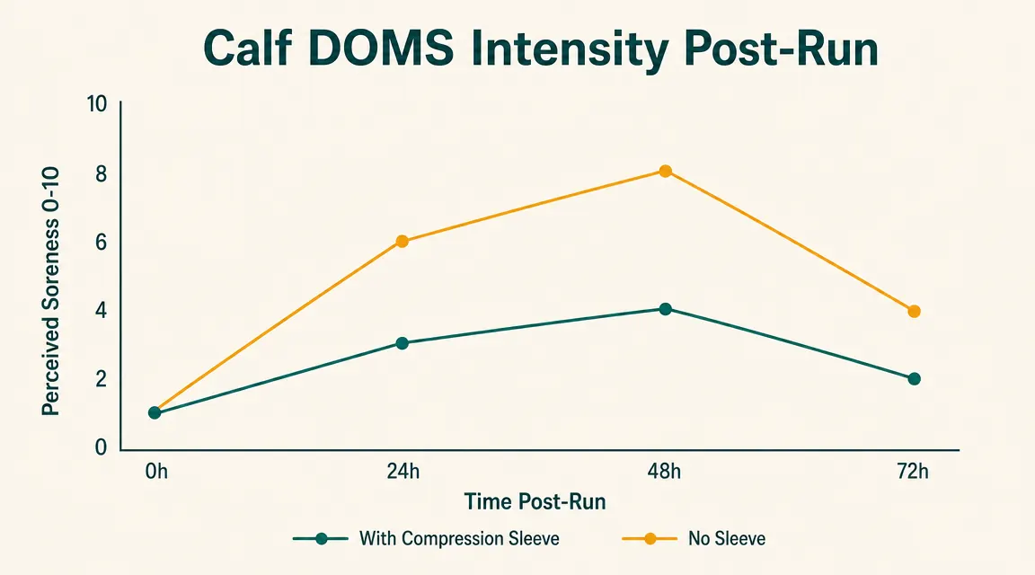 Chart showing calf DOMS intensity over 72 hours comparing compression sleeve use vs no sleeve, two-line graph on clean white background