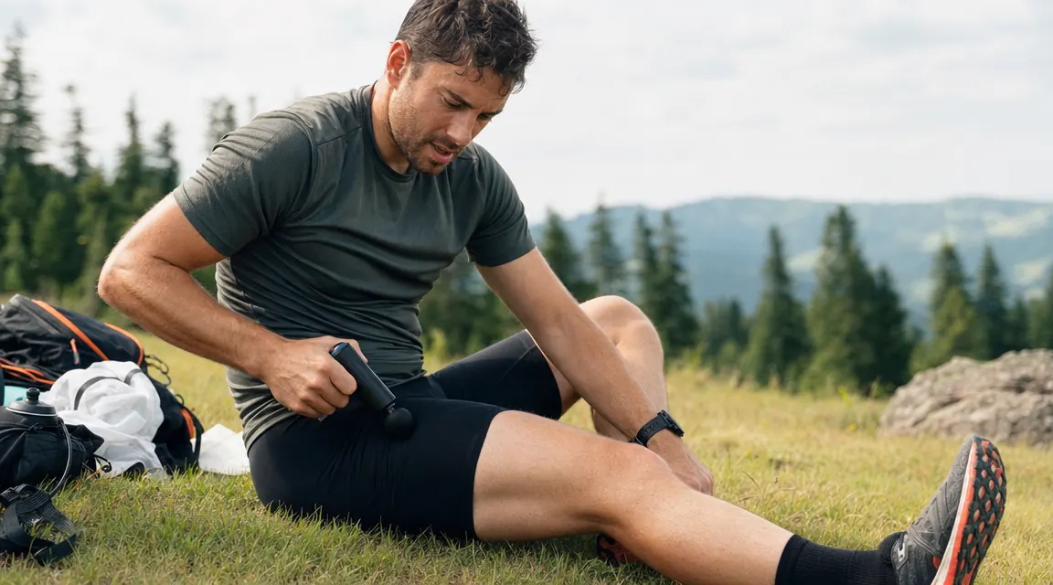 Runner sitting on the ground after a trail run, using a mini massage gun on their hamstrings