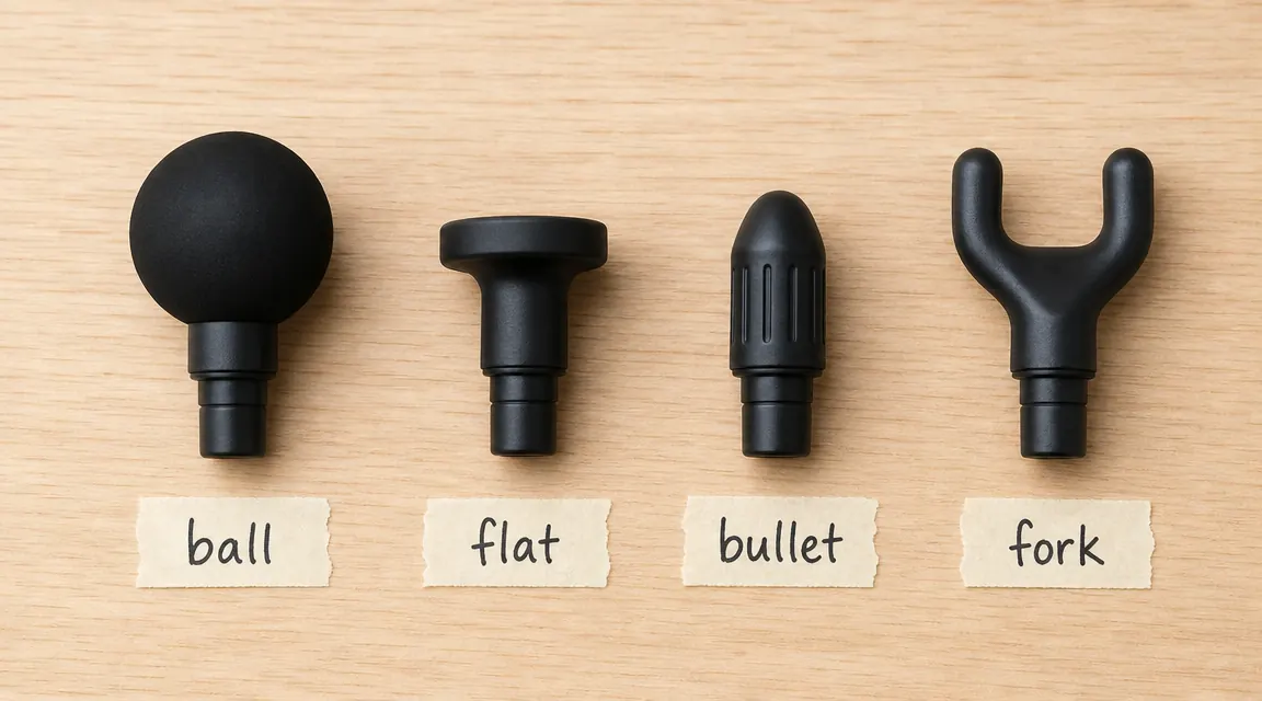 Multiple massage gun attachments laid out flat: round ball, flat head, bullet, fork