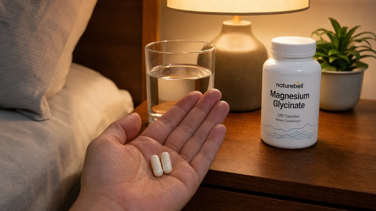 Hand holding two white magnesium glycinate capsules over a nightstand with a glass of water