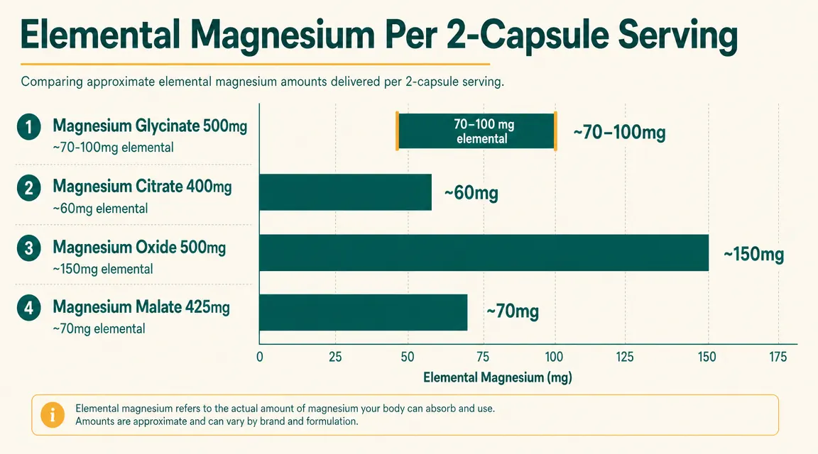 Bar chart comparing elemental magnesium content per two-capsule serving across four common magnesium supplements