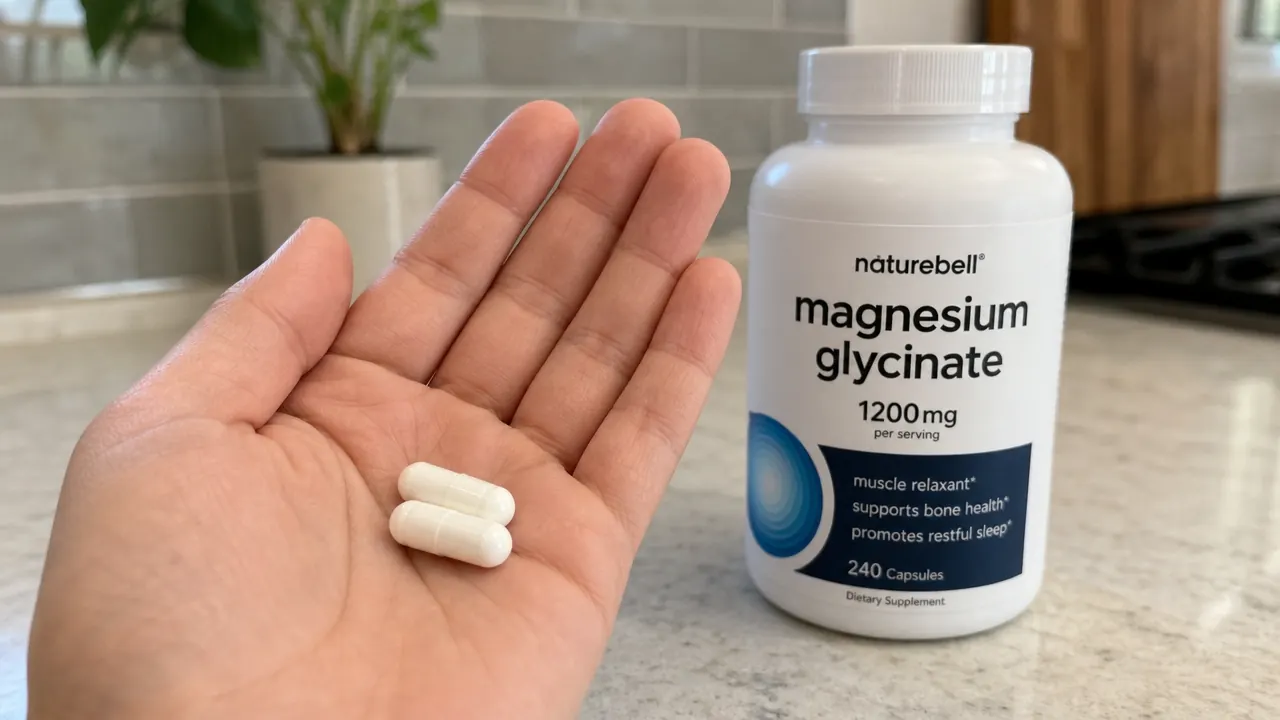 Hand holding two NatureBell Magnesium Glycinate capsules over a palm, supplement bottle visible in background