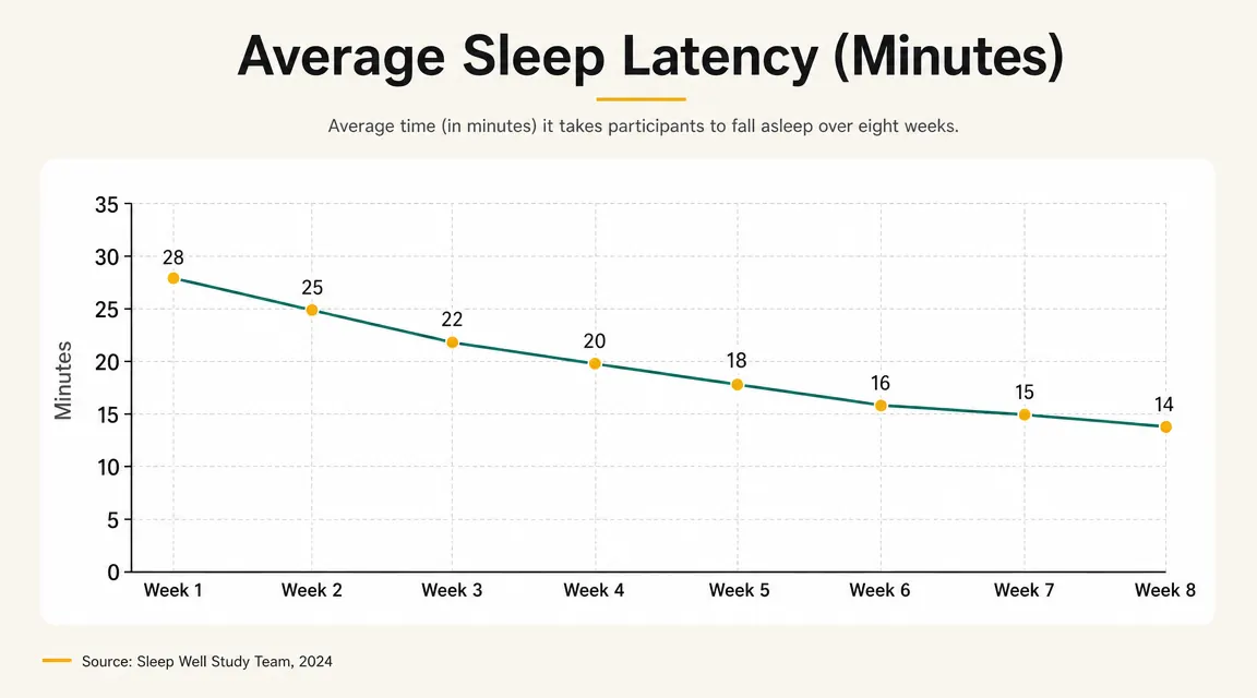 Sleep latency tracking chart showing improvement from 28 minutes average in week 1 to 14 minutes by week 8