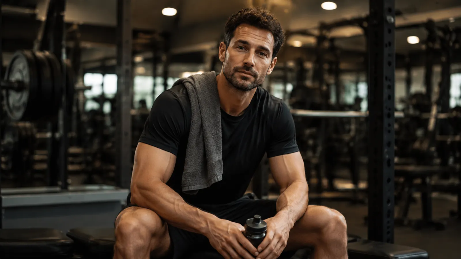 Athlete sitting on a gym bench looking relaxed post-workout, towel over shoulder, late evening gym lighting