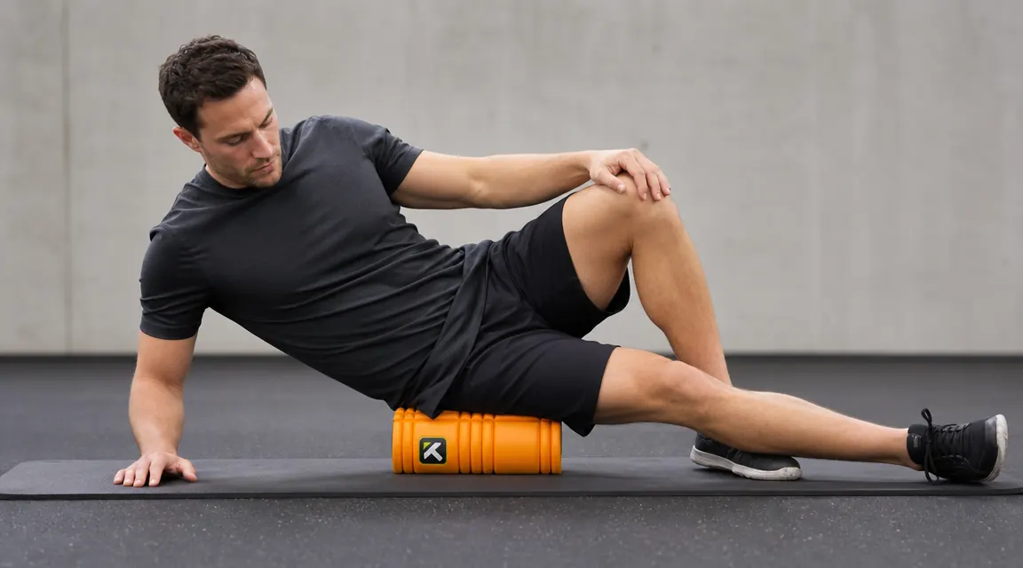 Person rolling IT band on a TriggerPoint GRID foam roller on a gym mat